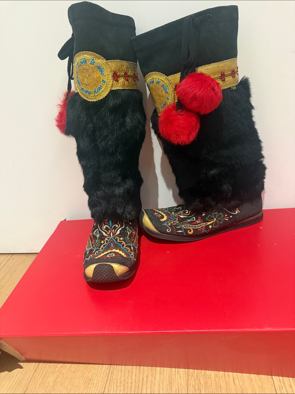 Black Fur Embroidered Pom-Pom Boots